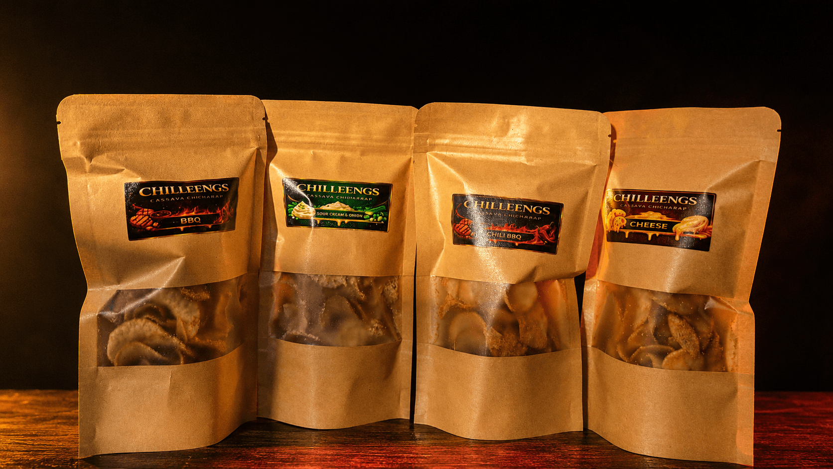 All four Chilleengs cassava chip flavors lined up: BBQ, Sour Cream and Onion, Chili BBQ, Cheese.